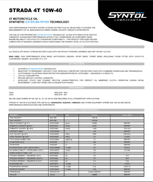 Syntol Strada 4T 10W-40 4 Litre Semi Synthetic Oil